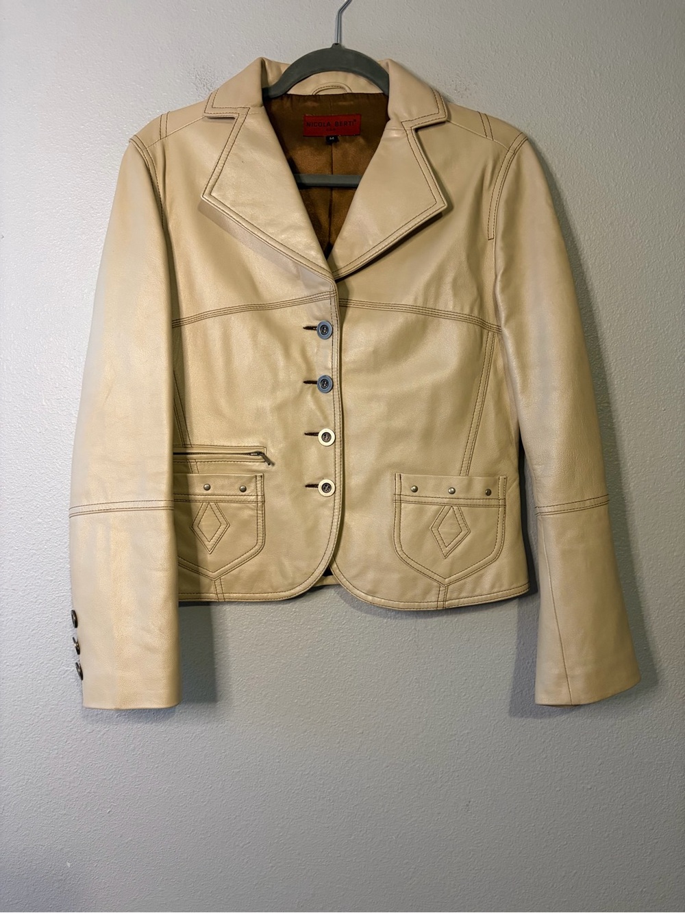 Nicola Berti USA 100% Italian Leather Button-Front Jacket Decorative Stitching